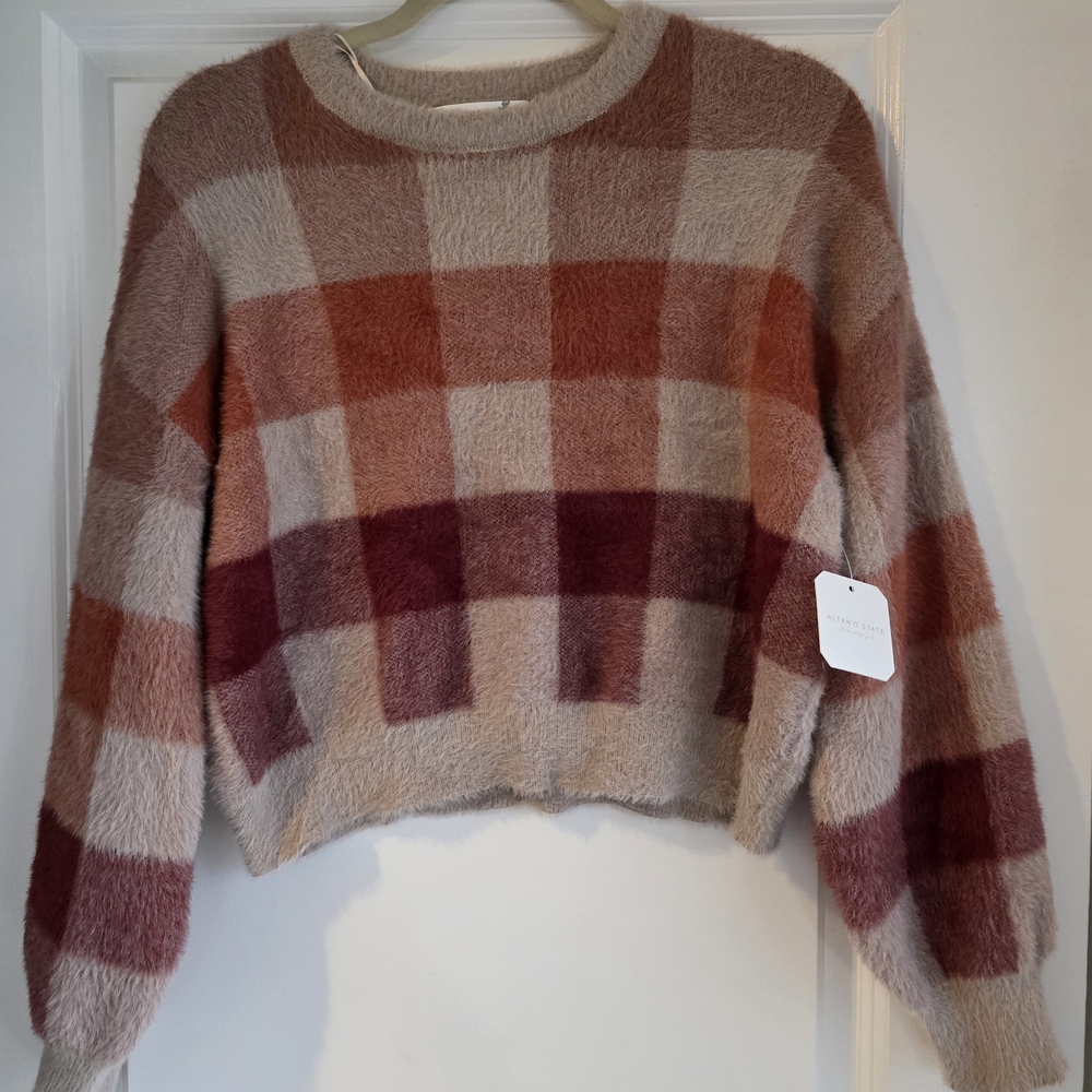 Altar'd State Cozy Plaid Sweater - Warm Tones